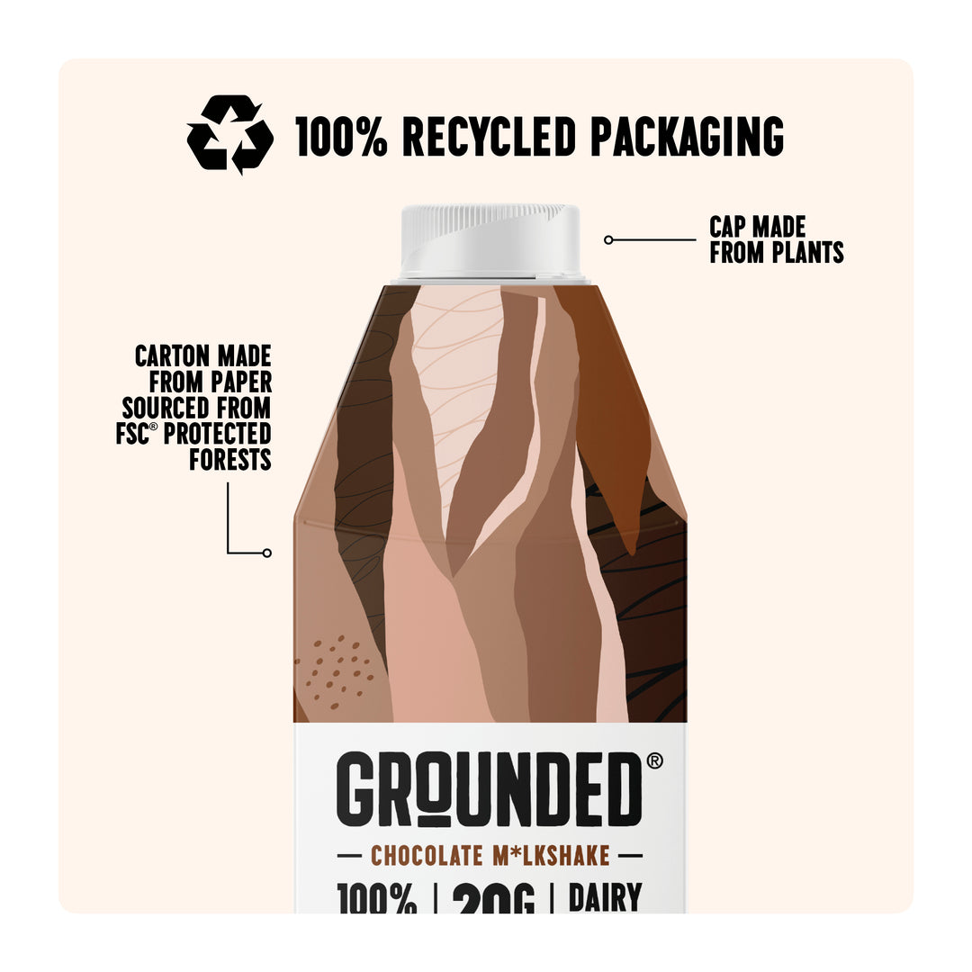 Grounded chocolate milkshake packaging with recycled materials information