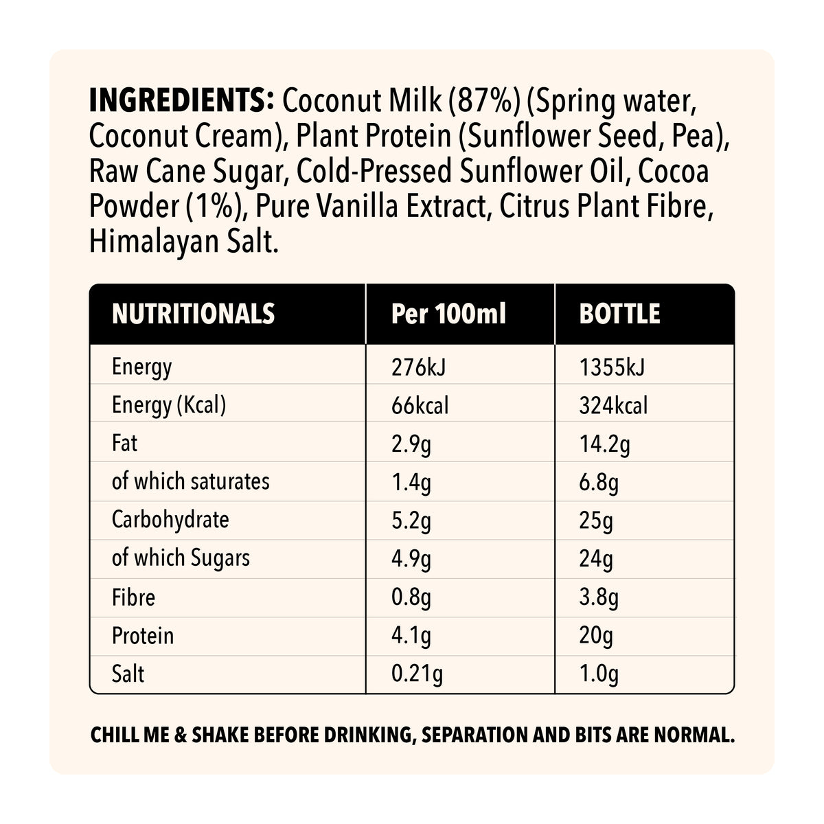 Nutritional information and ingredient list for Grounded chocolate protein milkshake