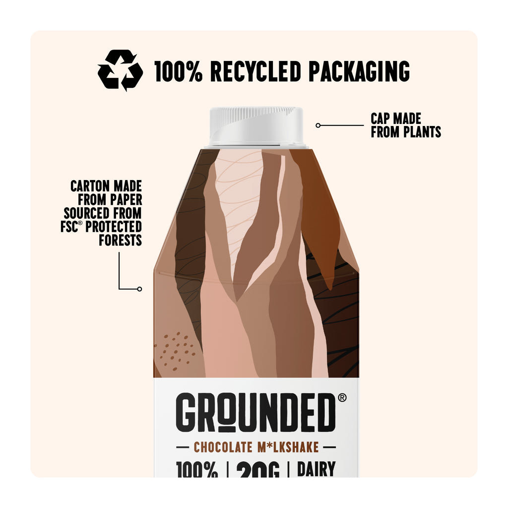 Grounded chocolate milkshake packaging with recycled materials information