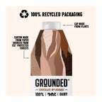Grounded chocolate milkshake packaging with recycled materials information